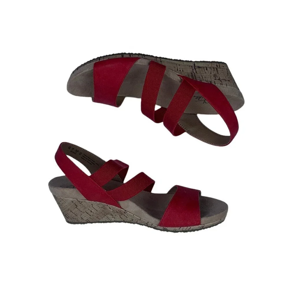 Life Stride Marina Red Strappy Cork Wedge Sandals Women's Size 7W